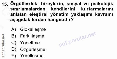 15. soru: Örgütlerdeki bireylerin, sosyal ve psikolojik sınırlamalardan kendilerini kurtarmalarını anlatan eleştirel yönetim ya…