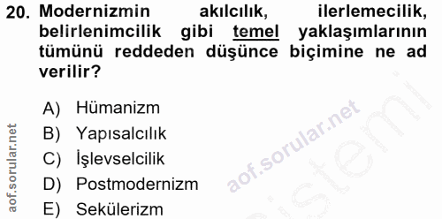 20. soru: Modernizmin akılcılık, ilerlemecilik, belirlenimcilik gibi temel yaklaşımlarının tümünü reddeden düşünce biçimine ne…