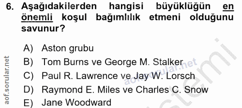 6. soru: Aşağıdakilerden hangisi büyüklüğün en önemli koşul bağımlılık etmeni olduğunu savunur? A) Aston grubu B) Tom Burns ve…