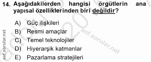 14. soru: Aşağıdakilerden hangisi örgütlerin ana yapısal özelliklerinden biri değildir? A) Güç ilişkileri B) Resmi amaçlar C) T…