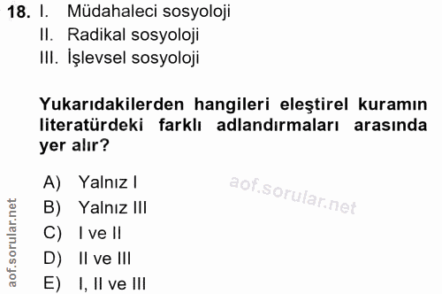 18. soru: I. Müdahaleci sosyoloji II. Radikal sosyoloji III. İşlevsel sosyoloji Yukarıdakilerden hangileri eleştirel kuramın li…