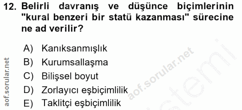 12. soru: Belirli davranış ve düşünce biçimlerinin "kural benzeri bir statü kazanması" sürecine ne ad verilir? A) Kanıksanmışlı…