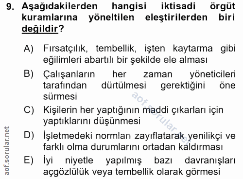 9. soru: Aşağıdakilerden hangisi iktisadi örgüt kuramlarına yöneltilen eleştirilerden biri değildir? A) Fırsatçılık, tembellik…