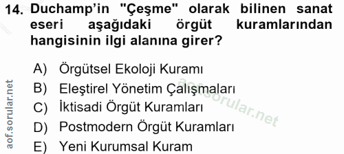 14. soru: Duchamp'in "Çeşme" olarak bilinen sanat eseri aşağıdaki örgüt kuramlarından hangisinin ilgi alanına girer? A) Örgütse…