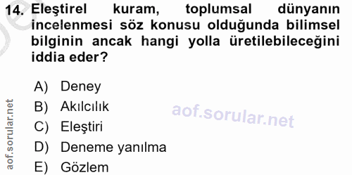 14. soru: Eleştirel kuram, toplumsal dünyanın incelenmesi söz konusu olduğunda bilimsel bilginin ancak hangi yolla üretilebilec…