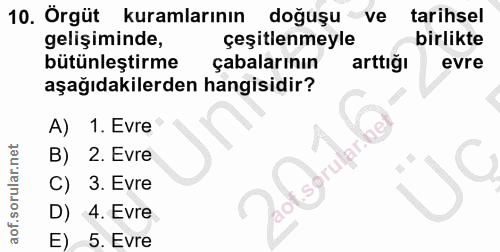 10. soru: Orgüt kuramlarının doğuşu ve tarihsel gelişiminde, çeşitlenmeyle birlikte bütünleştirme çabalarının arttığı evre aşağ…