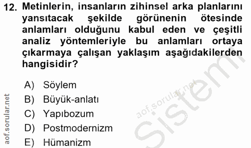 12. soru: Metinlerin, insanların zihinsel arka planlarını yansıtacak şekilde görünenin ötesinde anlamları olduğunu kabul eden v…
