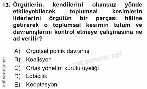 13. soru: Örgütlerin, kendilerini olumsuz yönde etkileyebilecek toplumsal kesimlerin liderlerini örgütün bir parçası hâline get…