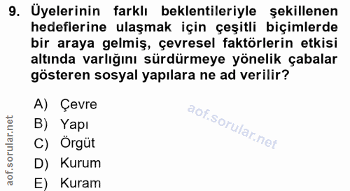 9. soru: Uyelerinin farklı beklentileriyle şekillenen hedeflerine ulaşmak için çeşitli biçimlerde bir araya gelmiş, çevresel f…