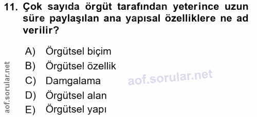 11. soru: Çok sayıda örgüt tarafından yeterince uzun süre paylaşılan ana yapısal özelliklere ne ad verilir? A) Örgütsel biçim B…