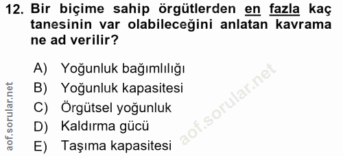 12. soru: Bir biçime sahip örgütlerden en fazla kaç tanesinin var olabileceğini anlatan kavrama ne ad verilir? A) Yoğunluk bağı…