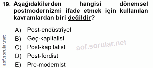 19. soru: Aşağıdakilerden hangisi dönemsel postmodernizmi ifade etmek için kullanılan kavramlardan biri değildir? A) Post-endüs…