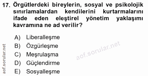 17. soru: Örgütlerdeki bireylerin, sosyal ve psikolojik sinırlamalardan kendilerini kurtarmalarını ifade eden eleştirel yönetim…