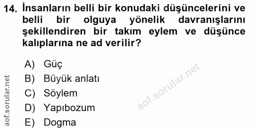 14. soru: Insanların belli bir konudaki düşüncelerini ve belli bir olguya yönelik davranışlarını şekillendiren bir takım eylem…