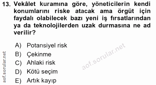 13. soru: Vekâlet kuramına göre, yöneticilerin kendi konumlarını riske atacak ama örgüt için faydalı olabilecek bazı yeni iş fı…