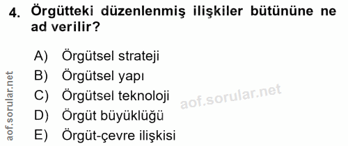 4. soru: Örgütteki düzenlenmiş ilişkiler bütününe ne ad verilir? A) Örgütsel strateji B) Örgütsel yapı C) Örgütsel teknoloji D…