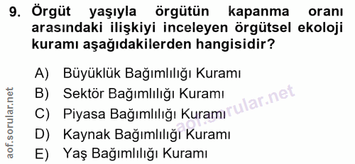 9. soru: Örgüt yaşıyla örgütün kapanma oranı arasındaki ilişkiyi inceleyen örgütsel ekoloji kuramı aşağıdakilerden hangisidir?…