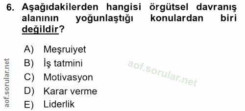 6. soru: Aşağıdakilerden hangisi örgütsel davranış alanının yoğunlaştığı konulardan biri değildir? A) Meşruiyet B) İş tatmini…