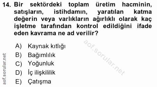 14. soru: Bir sektördeki toplam üretim hacminin, satışların, istihdamın, yaratılan katma değerin veya varlıkların ağırlıklı ola…