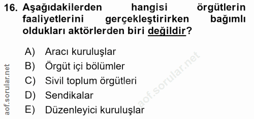 16. soru: Aşağıdakilerden hangisi örgütlerin faaliyetlerini gerçekleştirirken bağımlı oldukları aktörlerden biri değildir? A) A…