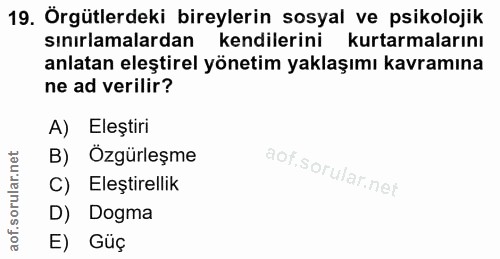 19. soru: Örgütlerdeki bireylerin sosyal ve psikolojik sınırlamalardan kendilerini kurtarmalarını anlatan eleştirel yönetim yak…