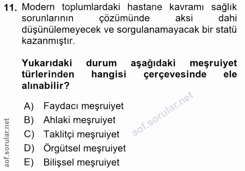 11. soru: Modern toplumlardaki hastane kavramı sağlık sorunlarının çözümünde aksi dahi düşünülemeyecek ve sorgulanamayacak bir…