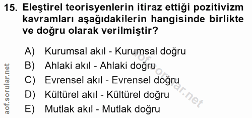 15. soru: Eleştirel teorisyenlerin itiraz ettiği pozitivizm kavramları aşağıdakilerin hangisinde birlikte ve doğru olarak veril…