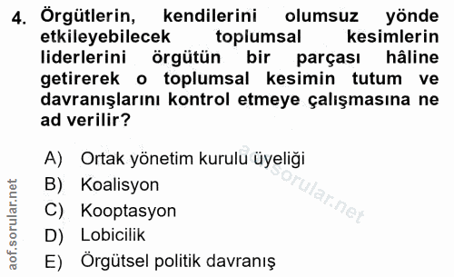 4. soru: Örgütlerin, kendilerini olumsuz yönde etkileyebilecek toplumsal kesimlerin liderlerini örgütün bir parçası hâline get…