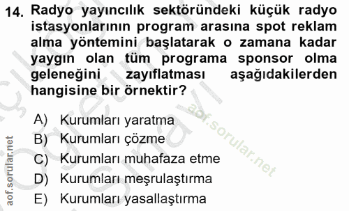 14. soru: Radyo yayıncılık sektöründeki küçük radyo istasyonlarının program arasına spot reklam alma yöntemini başlatarak o zam…