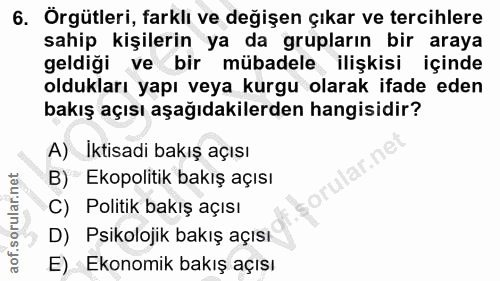 6. soru: Örgütleri, farkli ve değişen çıkar ve tercihlere sahip kişilerin ya da grupların bir araya geldiği ve bir mübadele il…