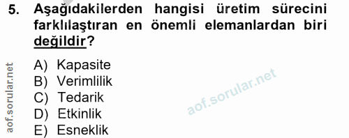 5. soru: Aşağıdakilerden hangisi üretim sürecini farklılaştıran en önemli elemanlardan biri değildir? A) Kapasite B) Verimlili…