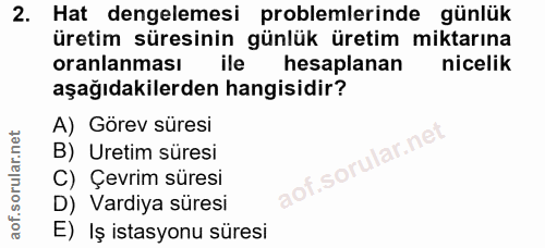 2. soru: Hat dengelemesi problemlerinde günlük üretim süresinin günlük üretim miktarına oranlanması ile hesaplanan nicelik aşa…