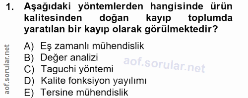 1. soru: Aşağıdaki yöntemlerden hangisinde ürün kalitesinden doğan kayıp toplumda yaratılan bir kayıp olarak görülmektedir? A)…