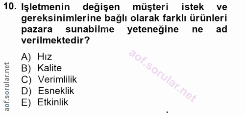 10. soru: Işletmenin değişen müşteri istek ve gereksinimlerine bağlı olarak farklı ürünleri pazara sunabilme yetenegine ne ad v…
