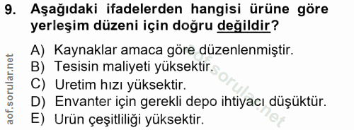 9. soru: Aşağıdaki ifadelerden hangisi ürüne göre yerleşim düzeni için doğru değildir? A) Kaynaklar amaca göre düzenlenmiştir.…
