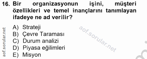 16. soru: Bir organizasyonun işini, müşteri özellikleri ve temel inançlarını tanımlayan ifadeye ne ad verilir? A) Strateji B) Ç…