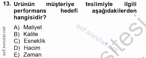 13. soru: Urünün müşteriye teslimiyle ilgili performans hedefi aşağıdakilerden hangisidir? A) Maliyet B) Kalite aof.sorular.aet…