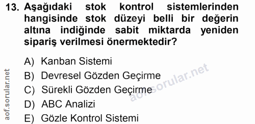 13. soru: Aşağıdaki stok Kontrol sistemlerinden hangisinde stok düzeyi belli bir değerin altına indiğinde sabit miktarda yenide…