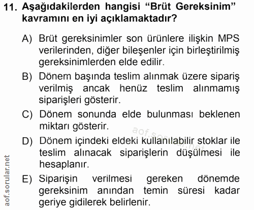 11. soru: Aşağıdakilerden hangisi "Brüt Gereksinim" kavramını en iyi açıklamaktadır? A) Brüt gereksinimler son ürünlere ilişkin…