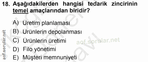 18. soru: Aşağıdakilerden hangisi tedarik zincirinin temel amaçlarından biridir? A) Uretim planlaması B) Urünlerin depolanması…