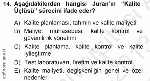 14. soru: Aşağıdakilerden hangisi Juran'ın "Kalite Üçlüsü" sürecini ifade eder? A) Kalite planlaması, tahmin ve kalite maliyeti…