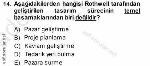 14. soru: Aşağıdakilerden hangisi Rothwell tarafindan geliştirilen tasarım sürecinin temel basamaklarından biri değildir? A) Pa…