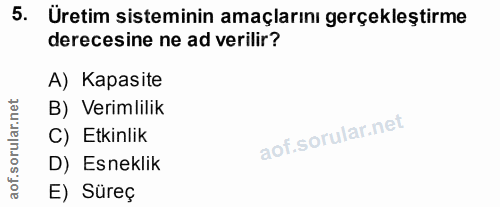 5. soru: Üretim sisteminin amaçlarını gerçekleştirme derecesine ne ad verilir? A) Kapasite rular.net B) Verimlilik C) Etkinlik…
