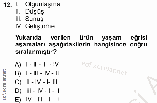 12. soru: l. Olgunlaşma II. Düşüş III. Sunuş IV. Geliştirme Yukarıda verilen ürün yaşam eğrisi aşamaları aşağıdakilerin hangisi…