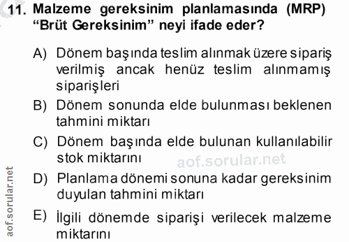 11. soru: Malzeme gereksinim planlamasında (MRP) "Brüt Gereksinim" neyi ifade eder? A) Dönem başında tes lim alınmak üzere sipa…