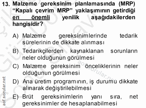 13. soru: Malzeme gereksinim planlamasında (MRP) "Kapalı çevrim MRP" yaklaşımının getirdiği en önemli | yenilik aşağıdakilerden…
