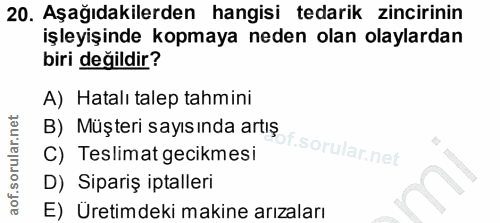 20. soru: Aşağıdakilerden hangisi tedarik zincirinin işleyişinde kopmaya neden olan olaylardan biri değildir? A) Hatalı talep t…