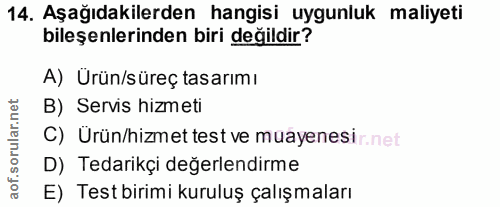 14. soru: Aşağıdakilerden hangisi uygunluk maliyeti bileşenlerinden biri değildir? A) Ürün/süreç tasarımı B) Servis hizmeti C)…
