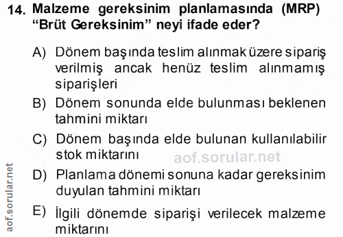 14. soru: Malzeme gereksinim planlamasında (MRP) "Brüt Gereksinim" neyi ifade eder? A) Dönem başında teslim alınmak üzere sipar…