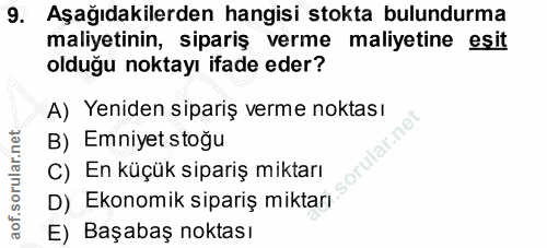 9. soru: Aşağıdakilerden hangisi stokta bulundurma maliyetinin, sipariş verme maliyetine eşit olduğu noktayı ifade eder? A) Ye…